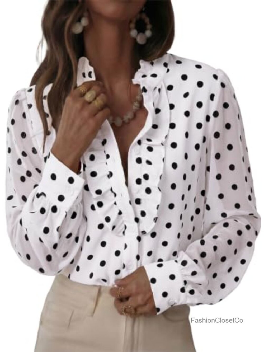 Astylish Polka Dot Blouse Mesh Sleeve Button Up Shirt